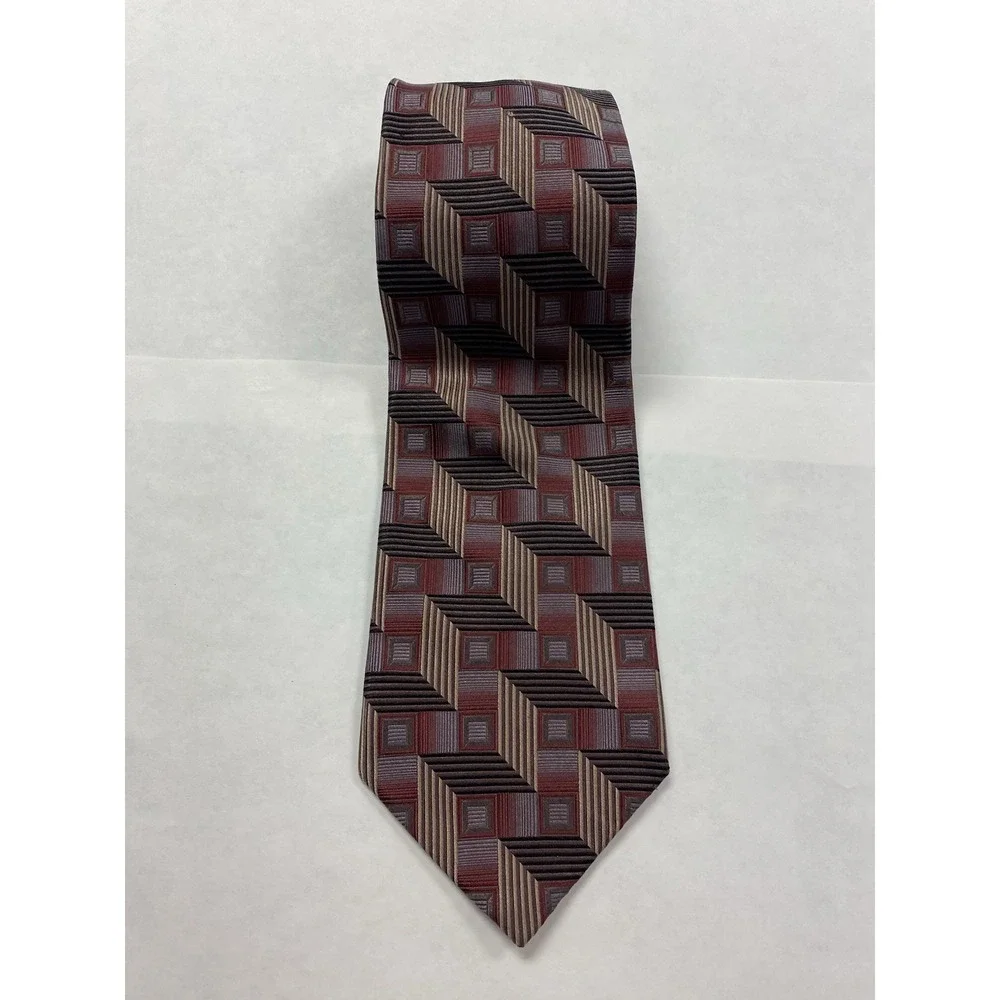 Screenplay By Martin Wong Silk Necktie Black Red Gold Geometric Handmade 60x3.75